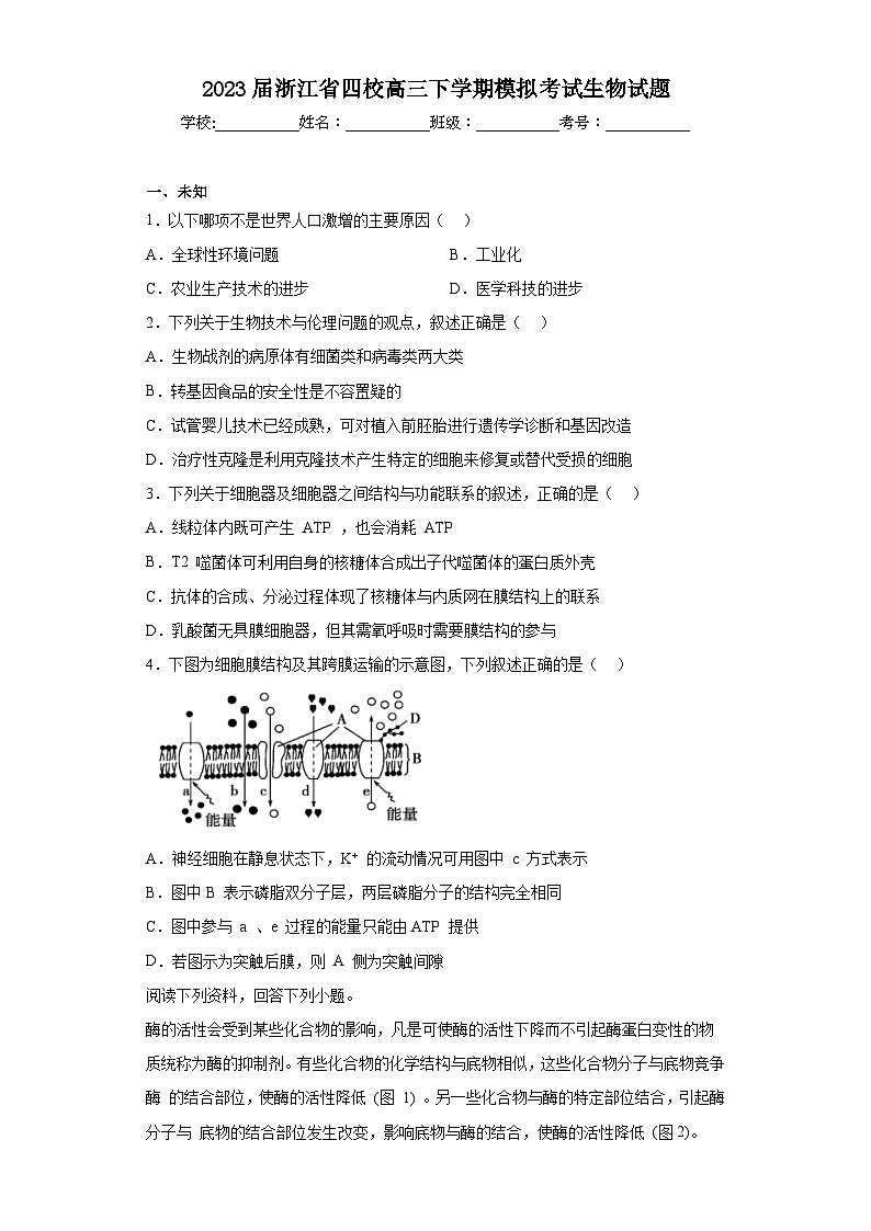 2023届浙江省四校高三下学期模拟考试生物试题（无答案）第1页