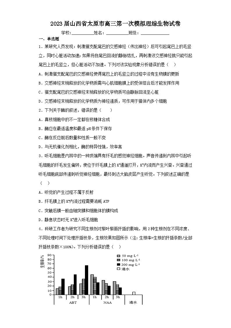 2023届山西省太原市高三第一次模拟理综生物试卷（含解析）第1页