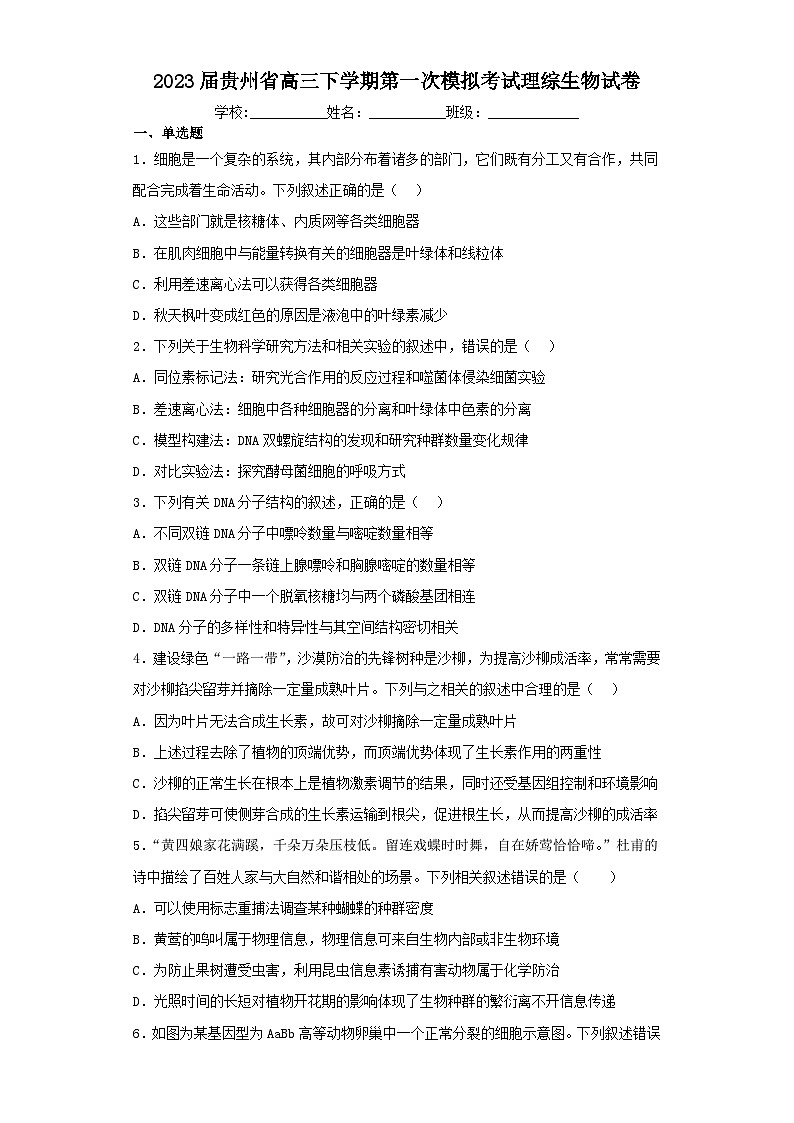 2023届贵州省高三下学期第一次模拟考试理综生物试卷（含解析）01