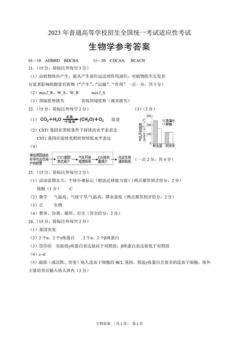 襄阳四中5月适应性考试 生物答案第1页