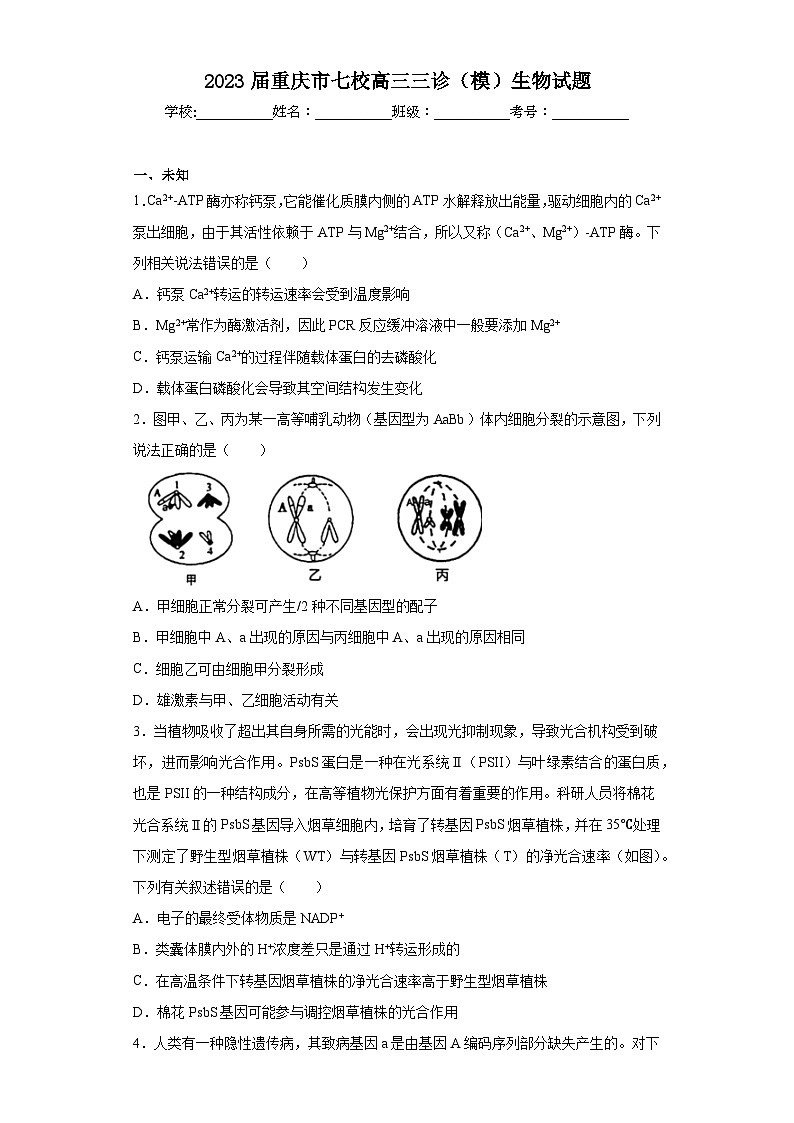 2023届重庆市七校高三三诊（模）生物试题（无答案）01