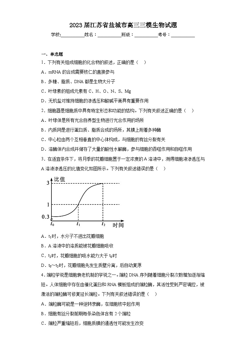 2023届江苏省盐城市高三三模生物试题（含解析）01