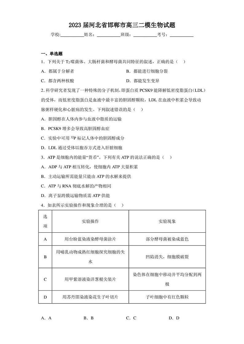 2023届河北省邯郸市高三二模生物试题（含答案解析）01