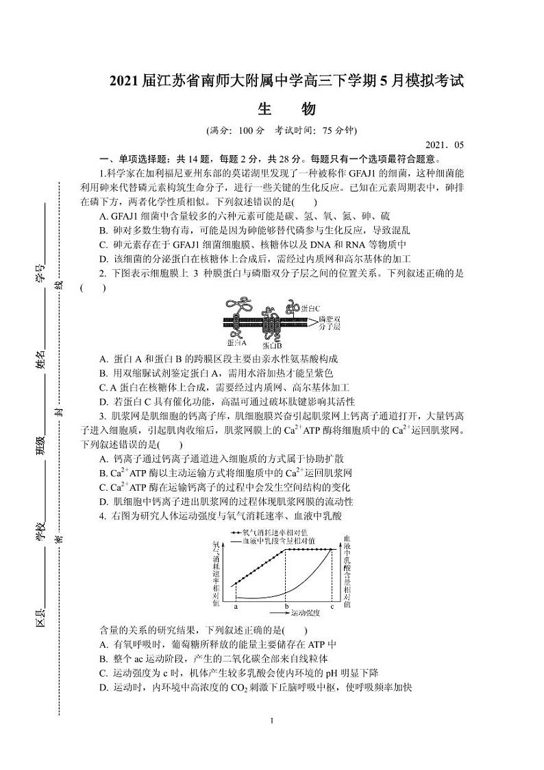 2021届江苏省南京师范大学附属中学高三下学期5月模拟考试 生物 PDF版01