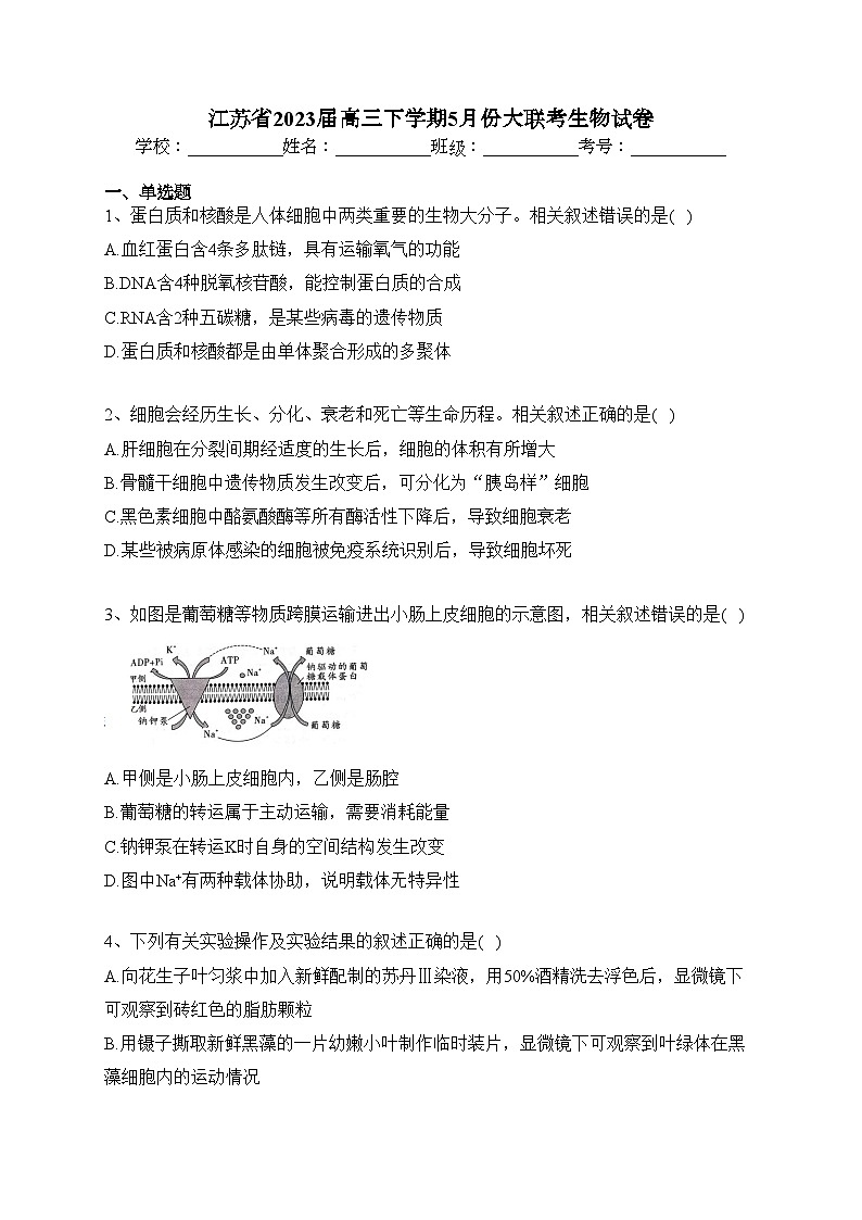 江苏省2023届高三下学期5月份大联考生物试卷（含答案）第1页
