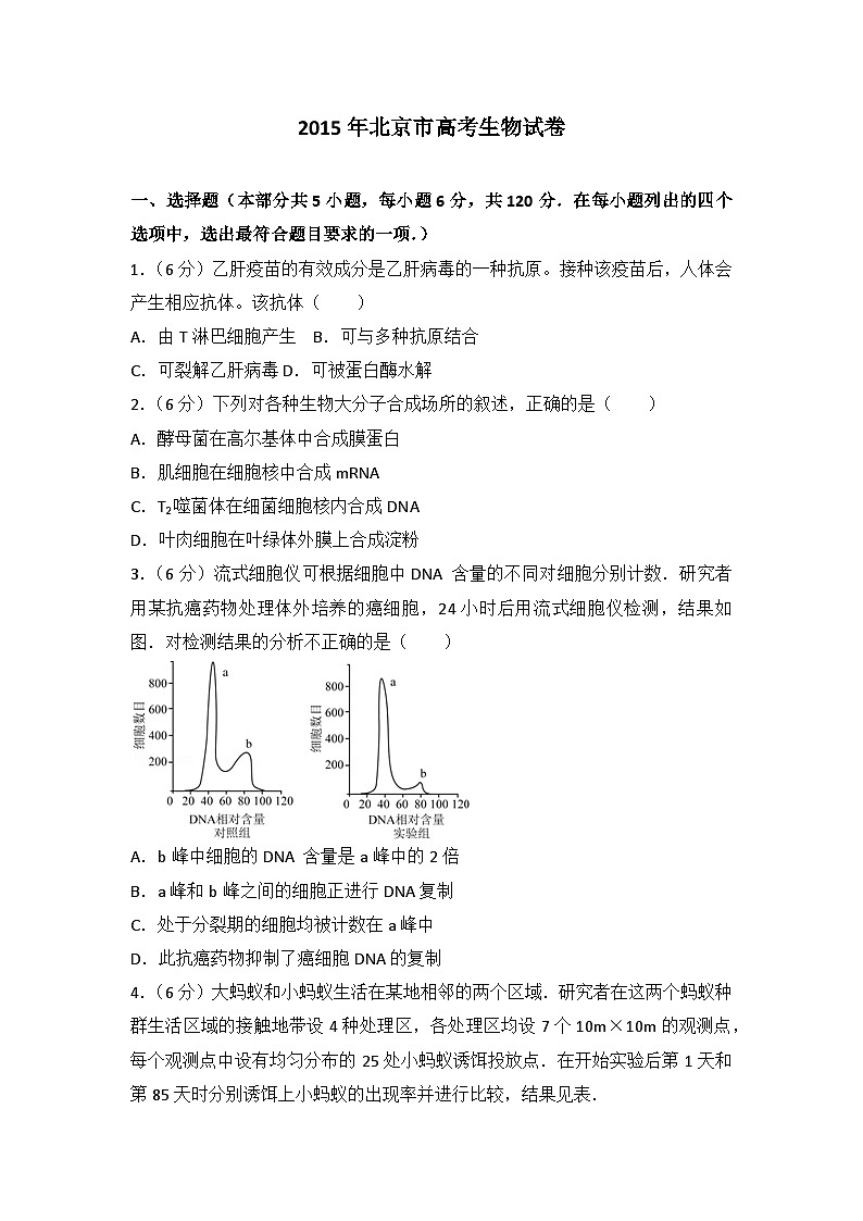 2015年北京市高考生物试卷第1页