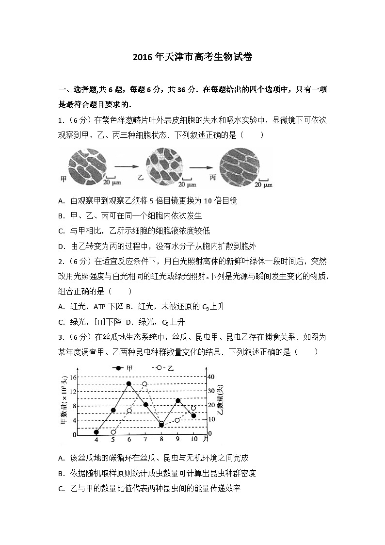 2016年天津市高考生物试卷第1页