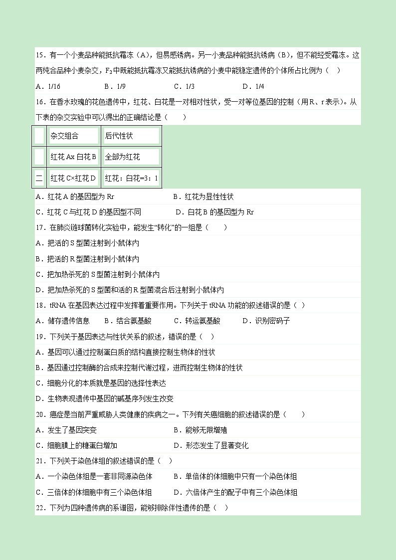 2023年6月福建省普通高中学业水平合格性考试生物模拟卷0303