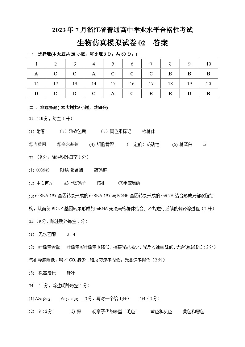 2023年7月浙江省普通高中学业水平合格性考试生物模拟卷0201