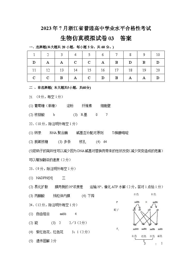 2023年7月浙江省普通高中学业水平合格性考试生物模拟卷0301