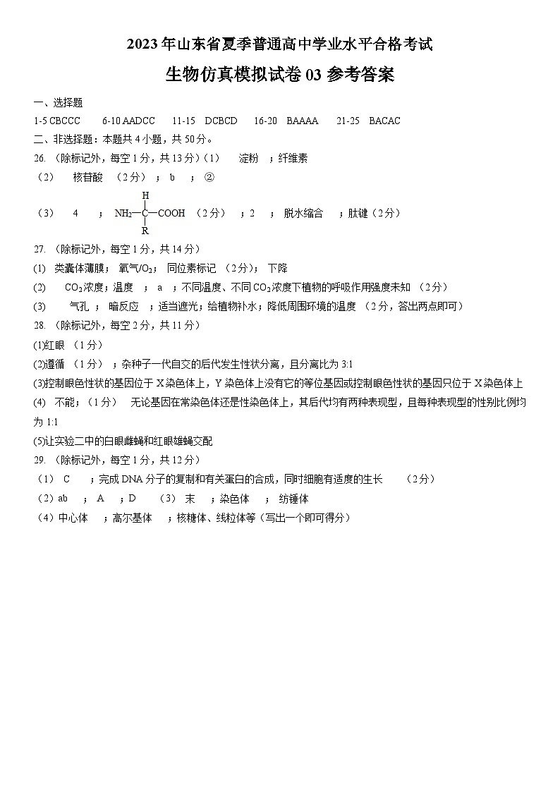 2023年山东省夏季普通高中学业水平合格考试生物模拟卷03（参考答案）第1页