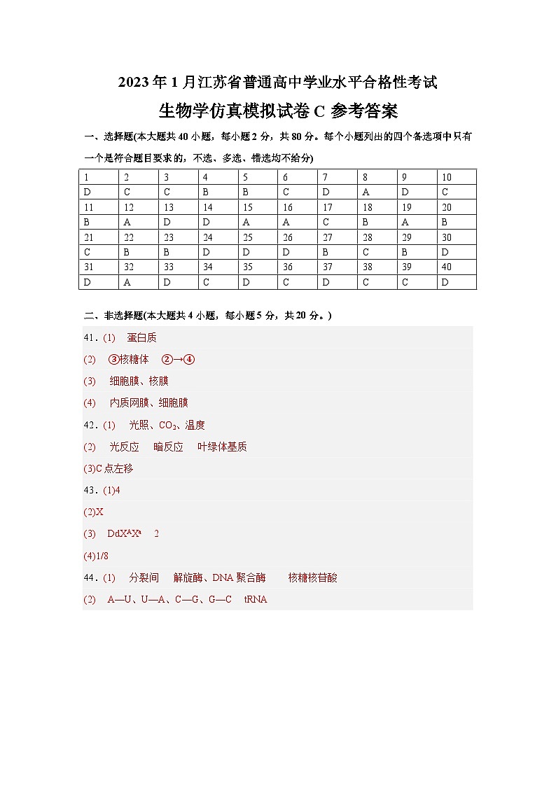 2023年江苏省普通高中学业水平合格性考试生物模拟卷C（含考试版+全解全析+参考答案）01