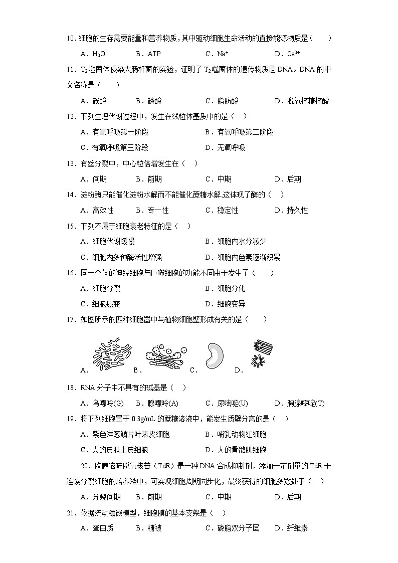 江苏省2023年学业水平合格性考试模拟试卷一——2023年高中学业水平考试生物复习必刷题（江苏专用）02