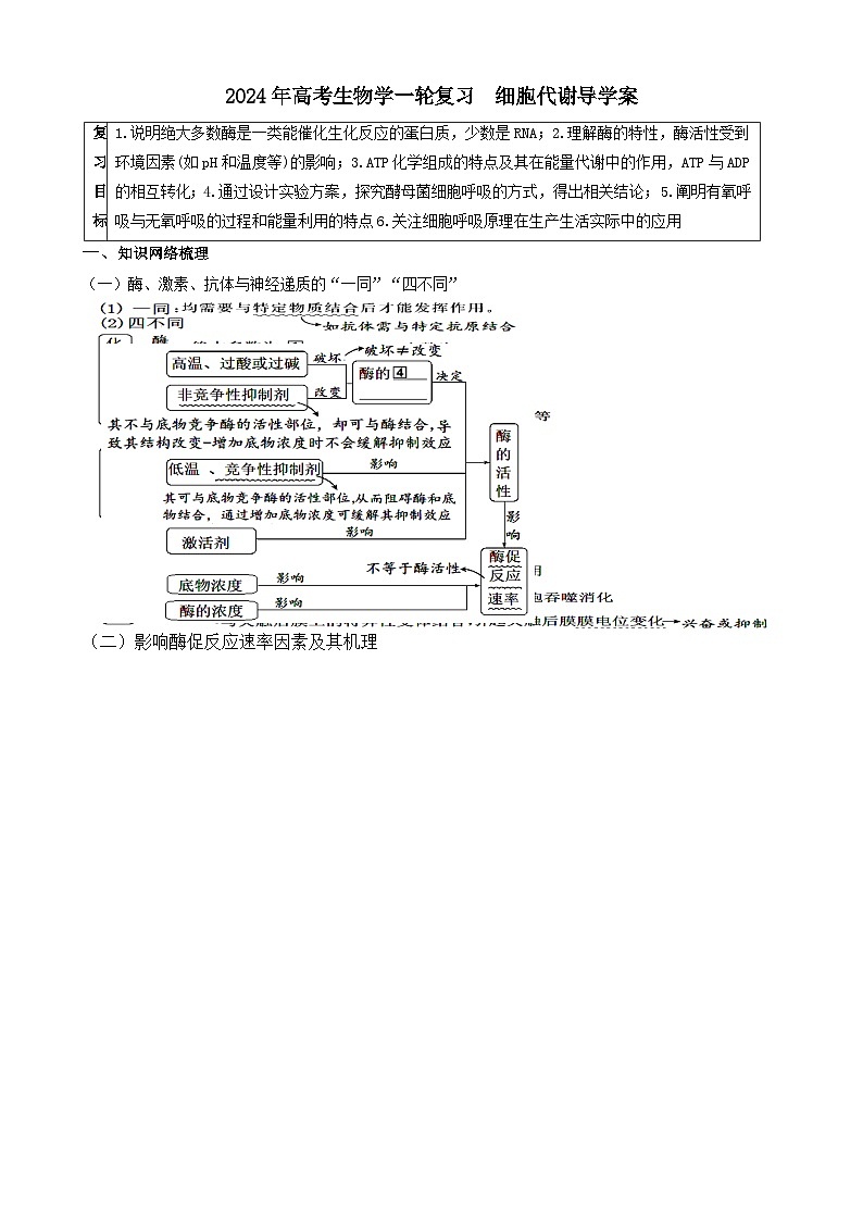 2024届高三生物一轮复习 细胞代谢导学案第1页