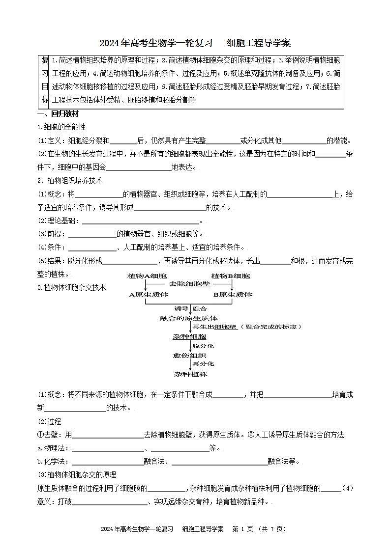 2024届高三生物一轮复习 细胞工程导学案第1页