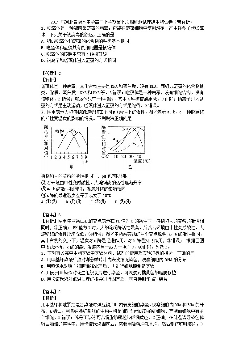 2017届河北省衡水中学高三上学期第七次调研测试理综生物试卷（带解析）第1页