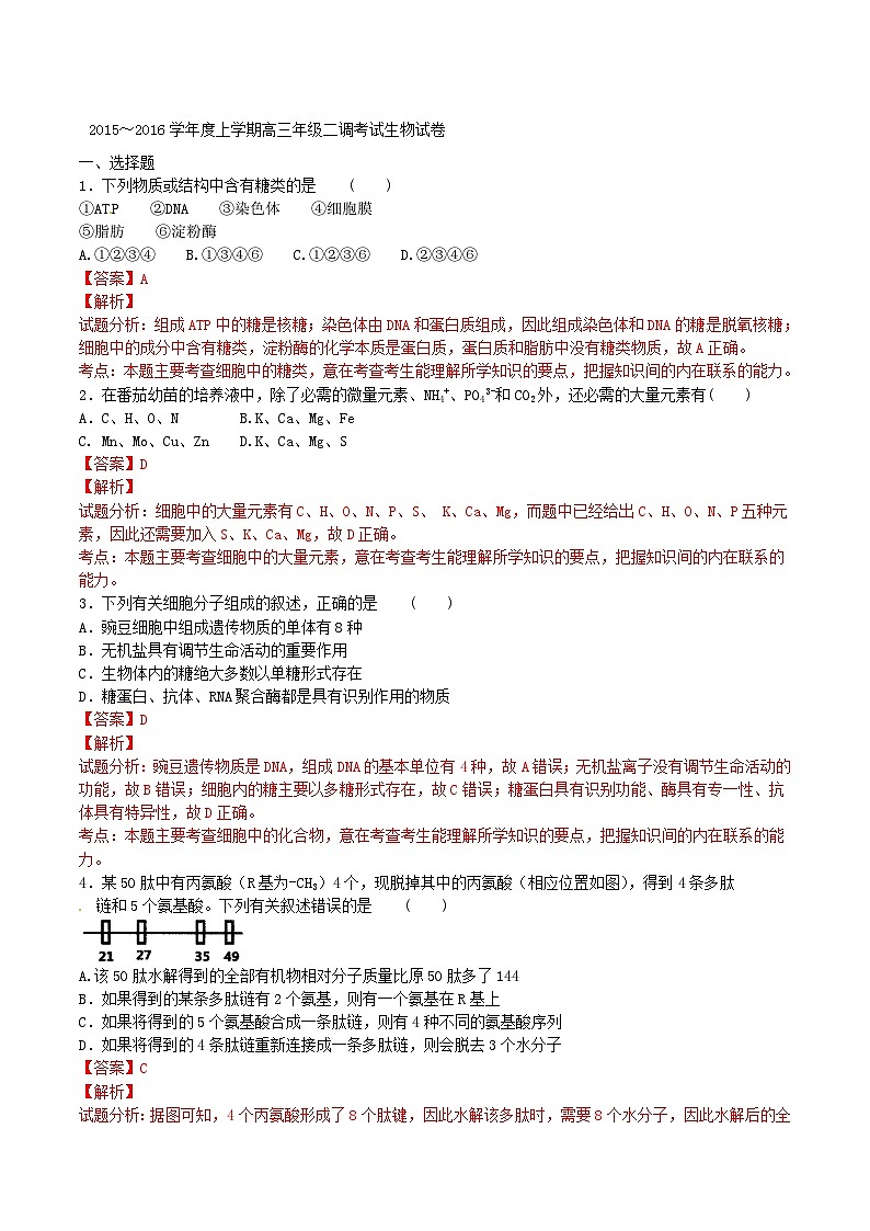 精品解析：【全国百强校】河北省衡水市中学2016届高三上学期二调生物试题解析（解析版）第1页