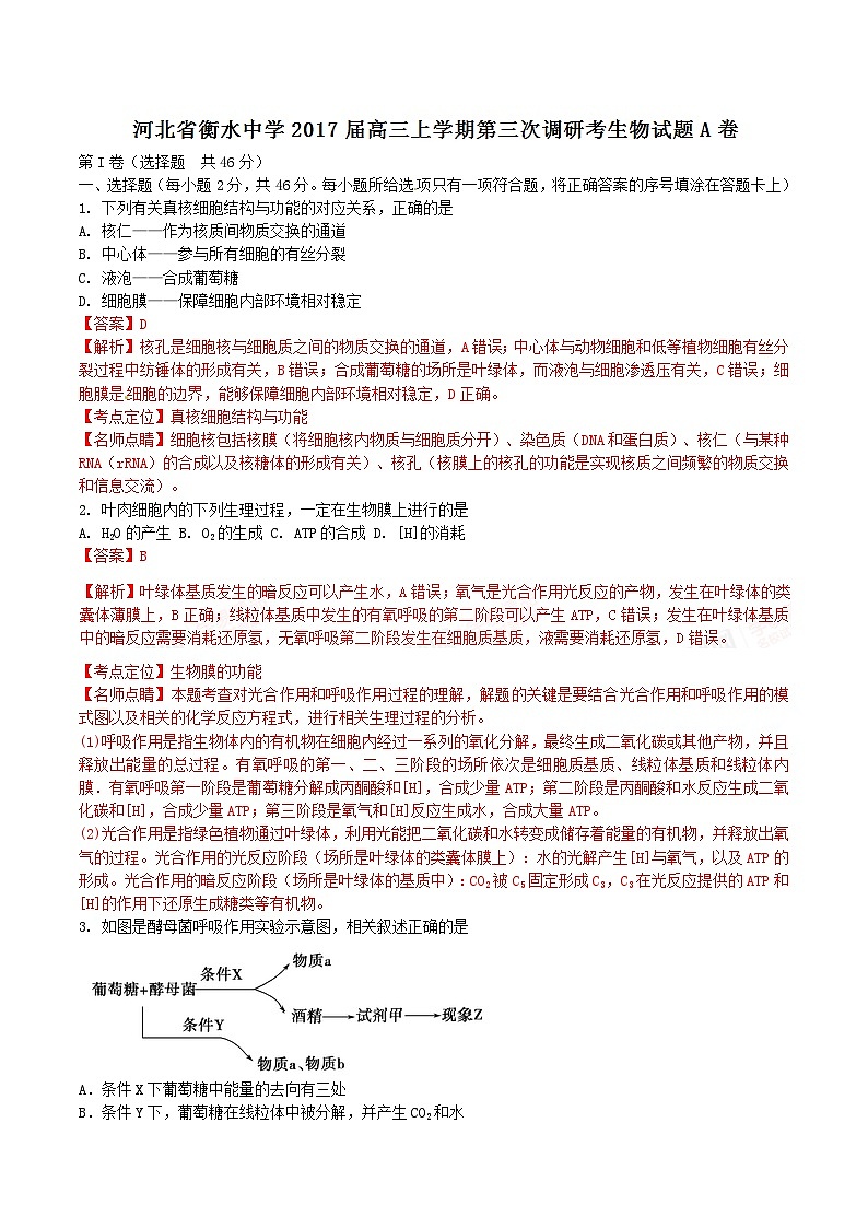 河北省衡水中学2017届高三上学期第三次调研考试（A卷）生物试题解析01