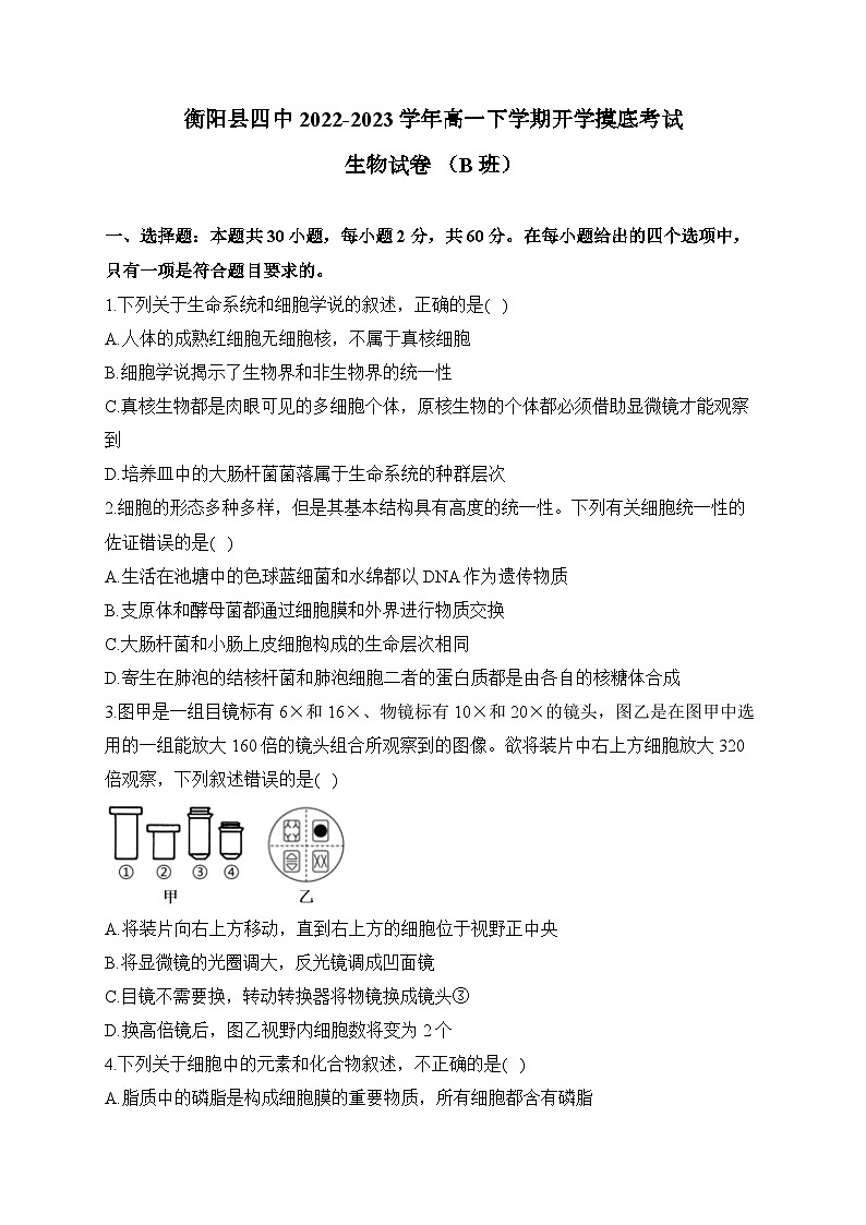2022-2023学年湖南省衡阳县第四中学高一下学期开学摸底考试生物试卷 （ B班）第1页