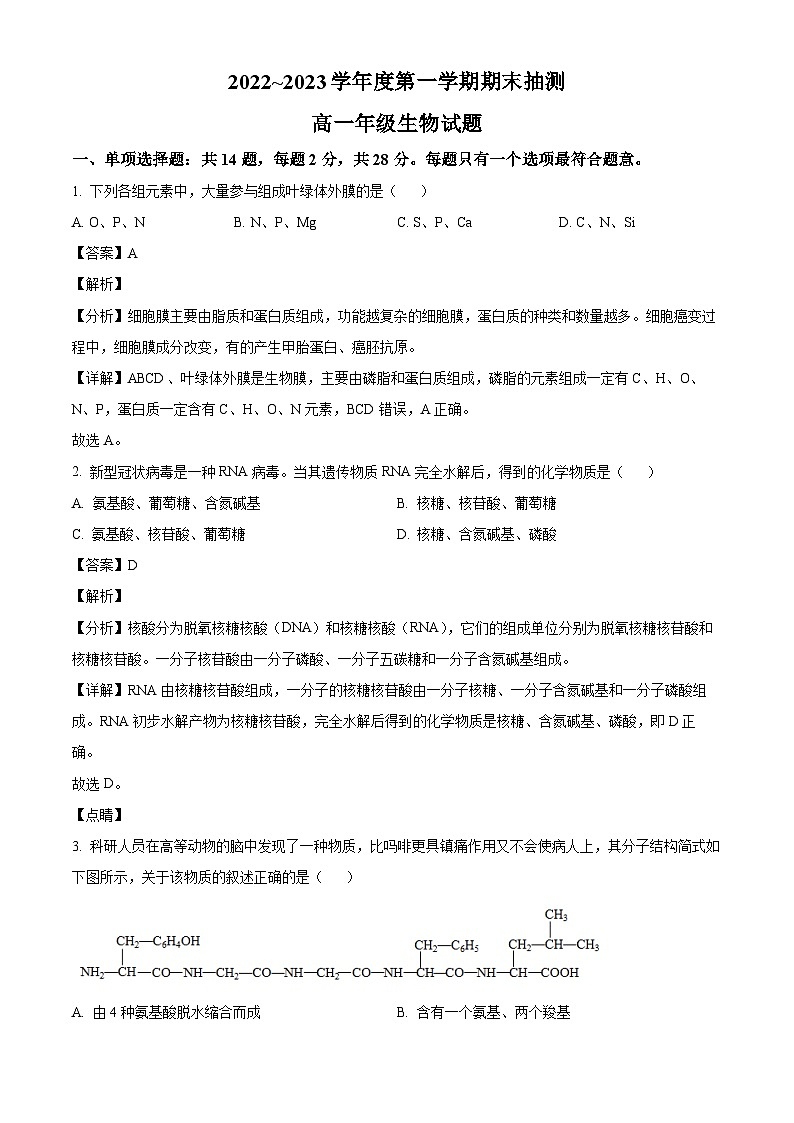 2022-2023学年江苏省徐州市高一上学期期末抽测生物试题01