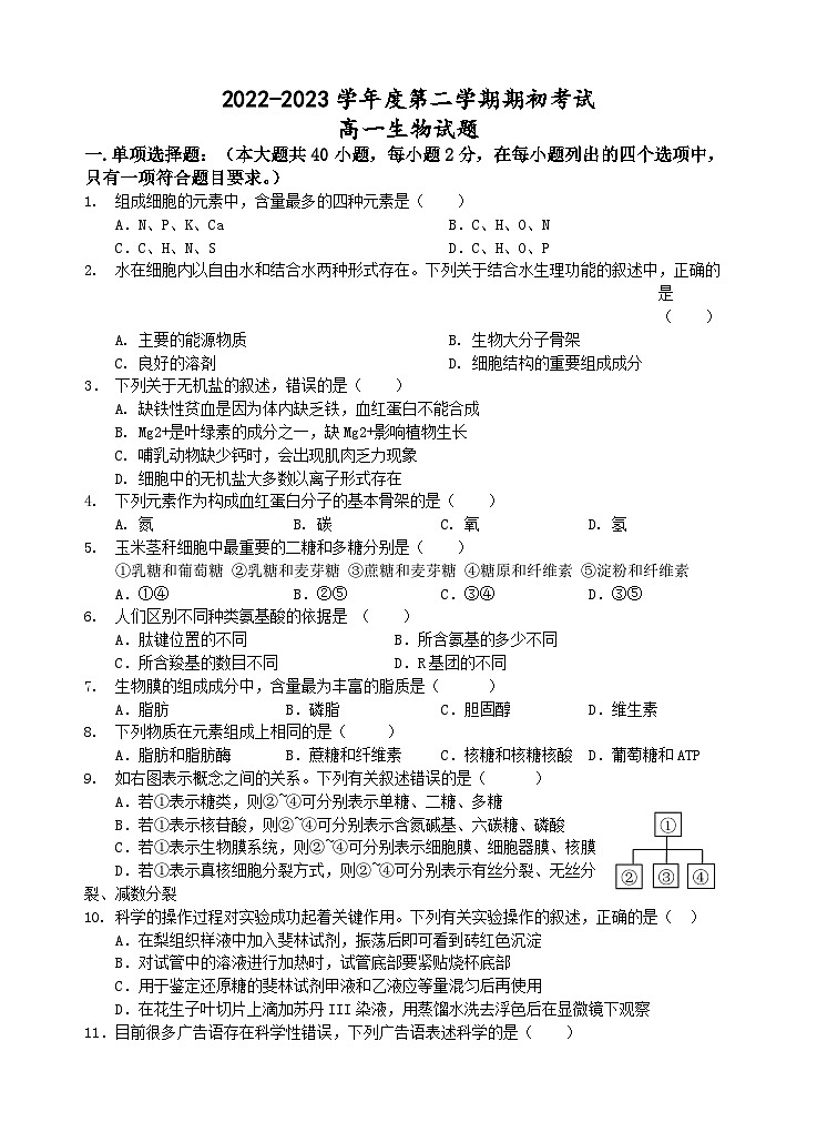 2022-2023学年江苏省盐城市大丰区新丰中学高一下学期开学考试生物试题第1页