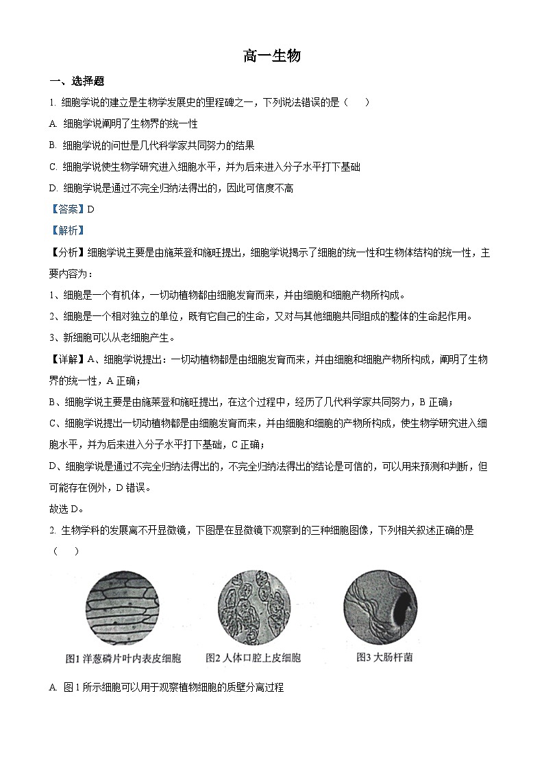 2022-2023学年山东省东营市广饶县一中高一下学期开学考试生物试题（解析版）01