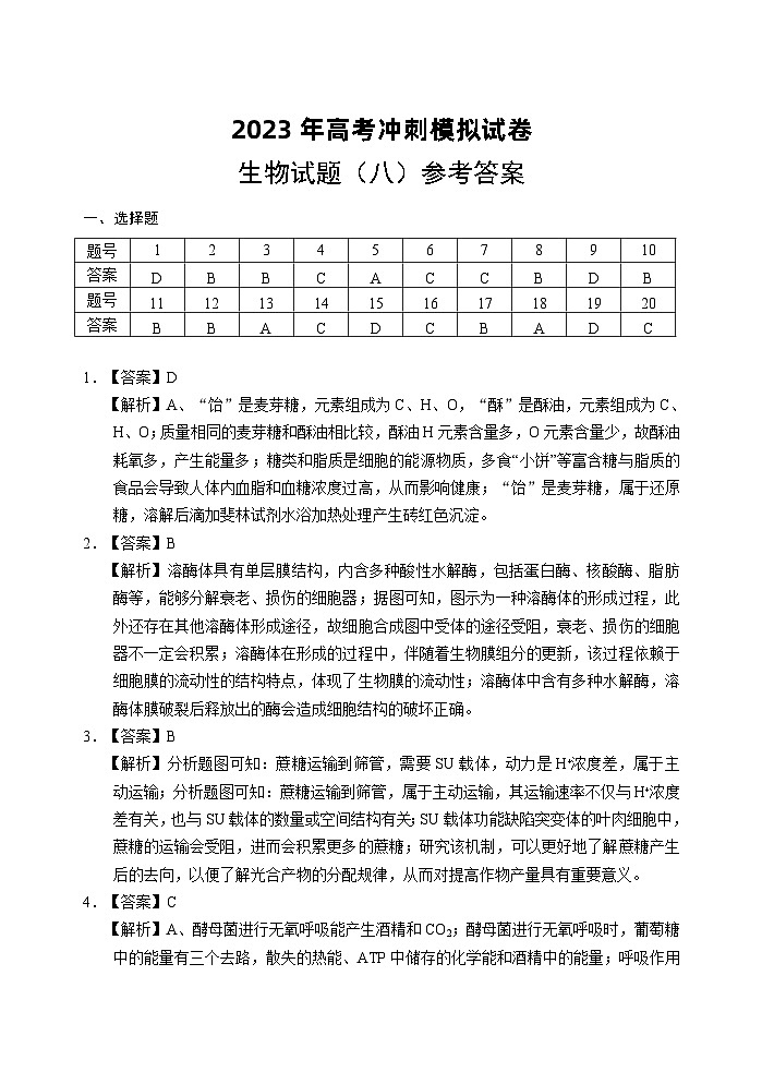 2023届湖北省高考冲刺模拟试卷生物试题（八）答案和解析01