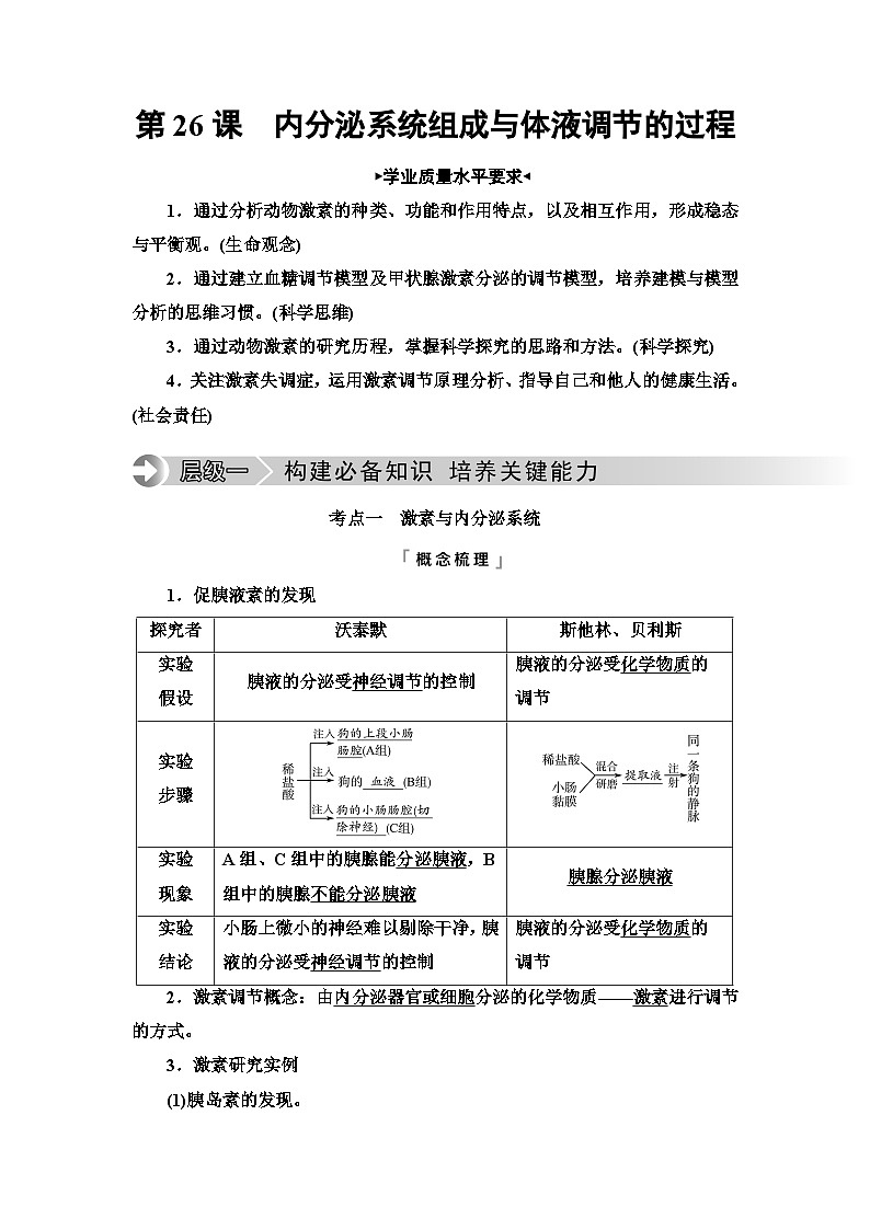 高考生物总复习第8单元第26课内分泌系统组成与体液调节的过程学案第1页