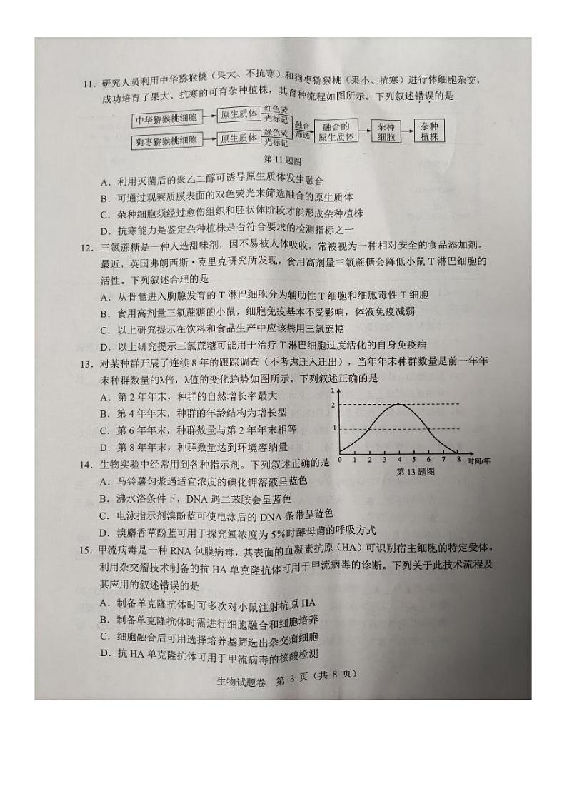 2023届浙江省温州市普通高中高三第三次适应性考试 生物03