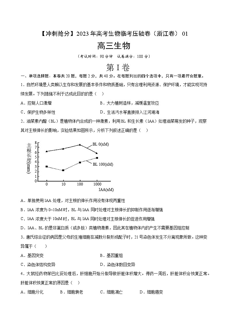 卷01-【冲刺抢分】2023年高考生物临考压轴卷01（浙江卷）（原卷版）第1页