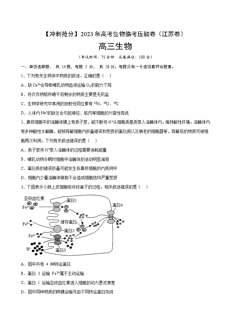 卷03-【冲刺抢分】2023年高考生物临考压轴卷（江苏卷）（原卷版）第1页