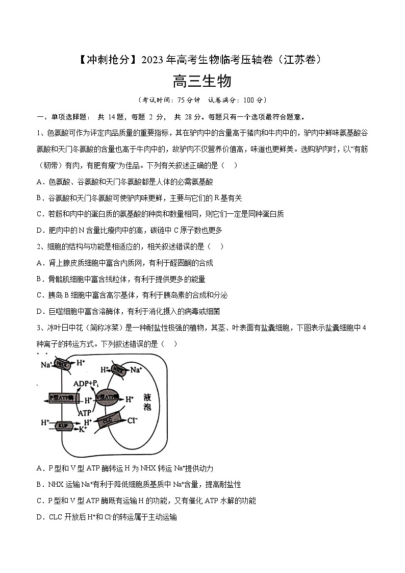 卷04-【冲刺抢分】2023年高考生物临考压轴卷（江苏卷）（原卷版）第1页
