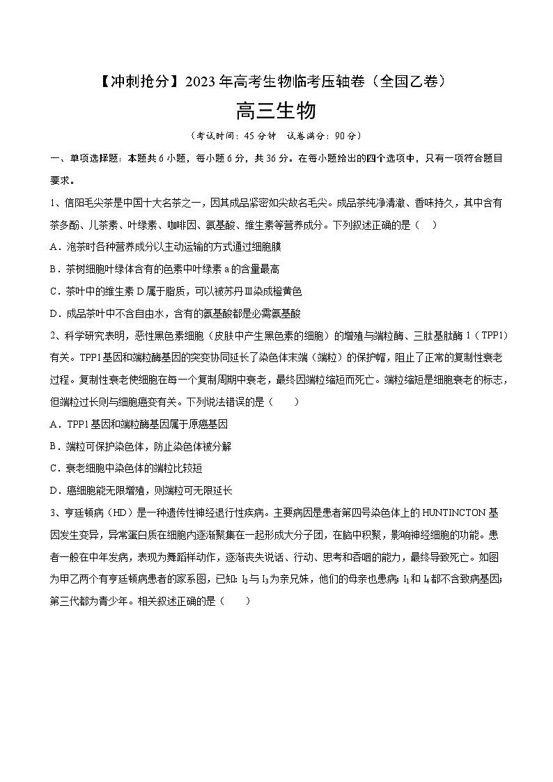 卷04-【冲刺抢分】2023年高考生物临考压轴卷（全国乙卷）（原卷版）01