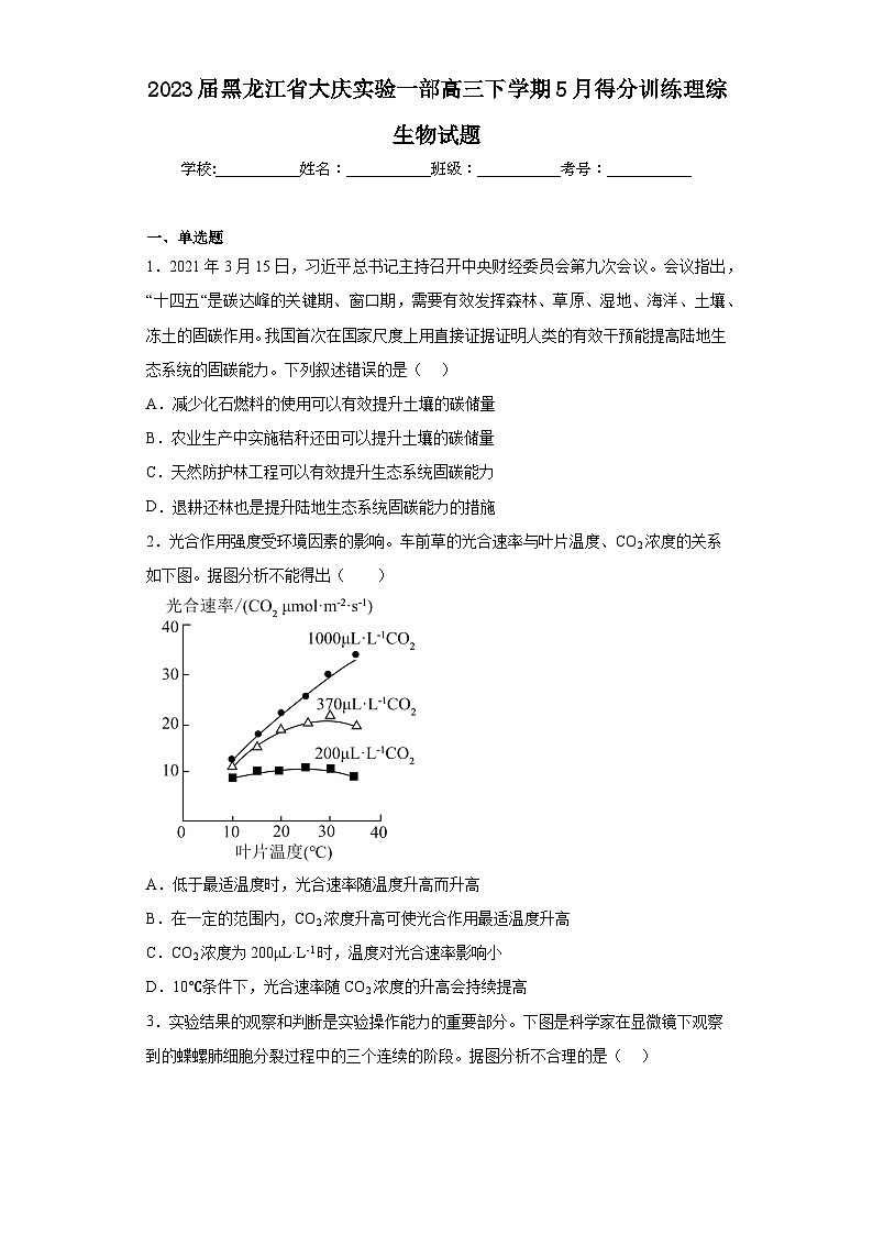 2023届黑龙江省大庆实验一部高三下学期5月得分训练理综生物试题（含解析）01