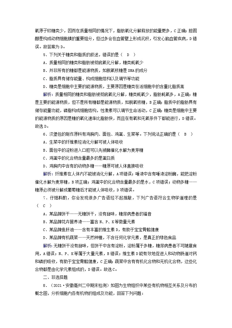 新教材2023年高中生物第2章组成细胞的分子第3节细胞中的糖类和脂质夯基提能作业新人教版必修102
