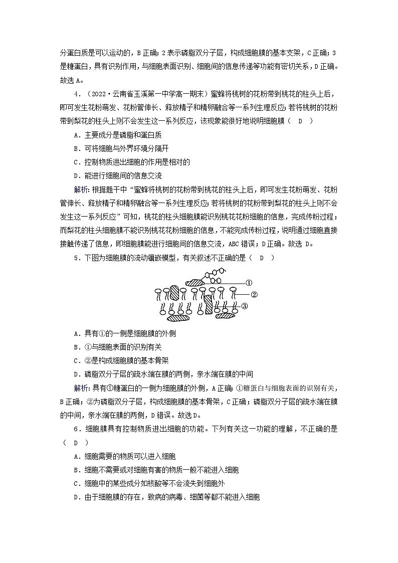新教材2023年高中生物第3章细胞的基本结构第1节细胞膜的结构和功能夯基提能作业新人教版必修1第2页