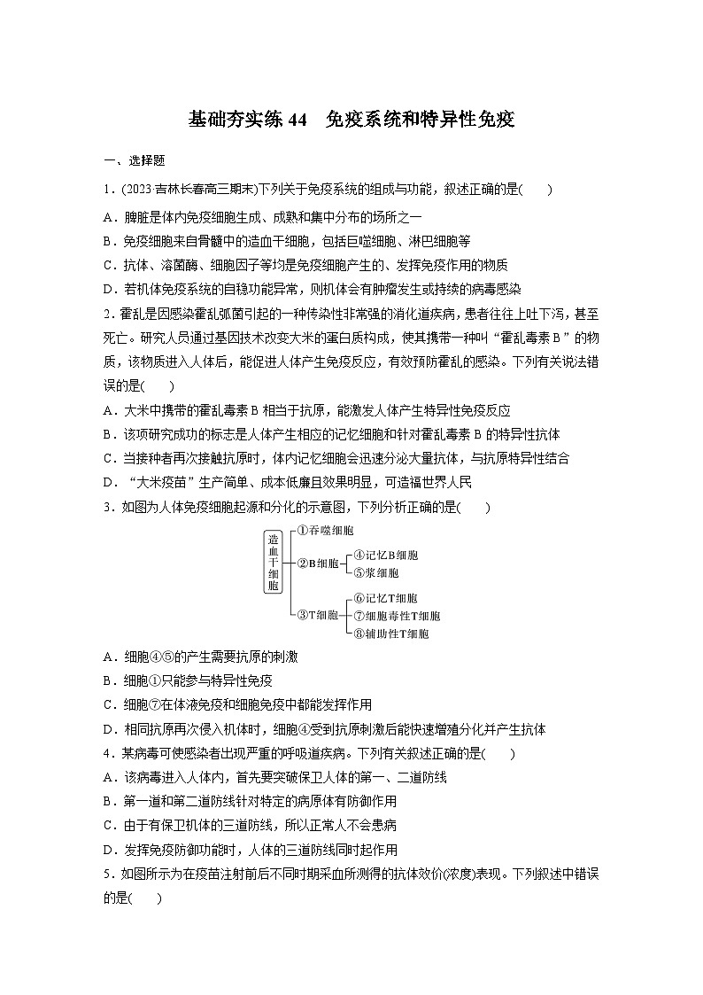2024届高三生物一轮复习基础夯实练44：免疫系统和特异性免疫第1页