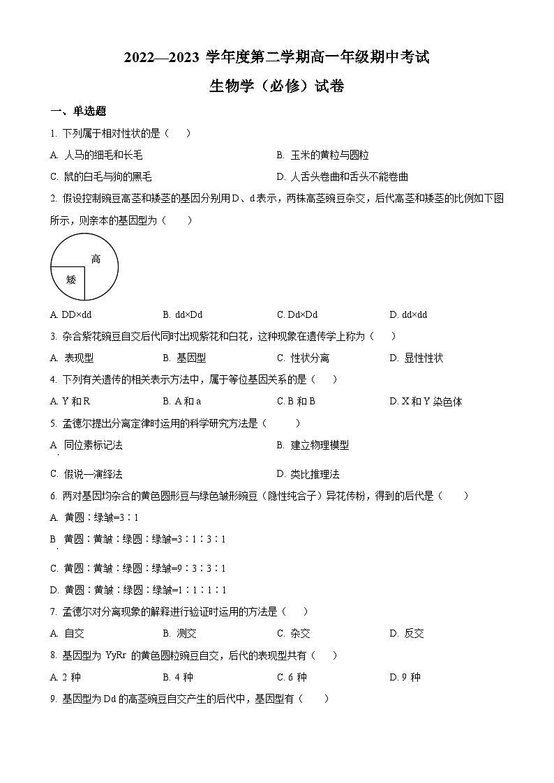 精品解析：江苏省南通市海安高级中学2022-2023学年高一下学期期中生物（必修）试题（原卷版）第1页