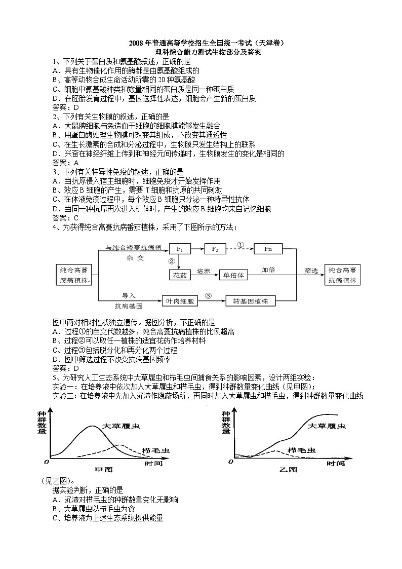 2008年天津高考生物试题及答案第1页