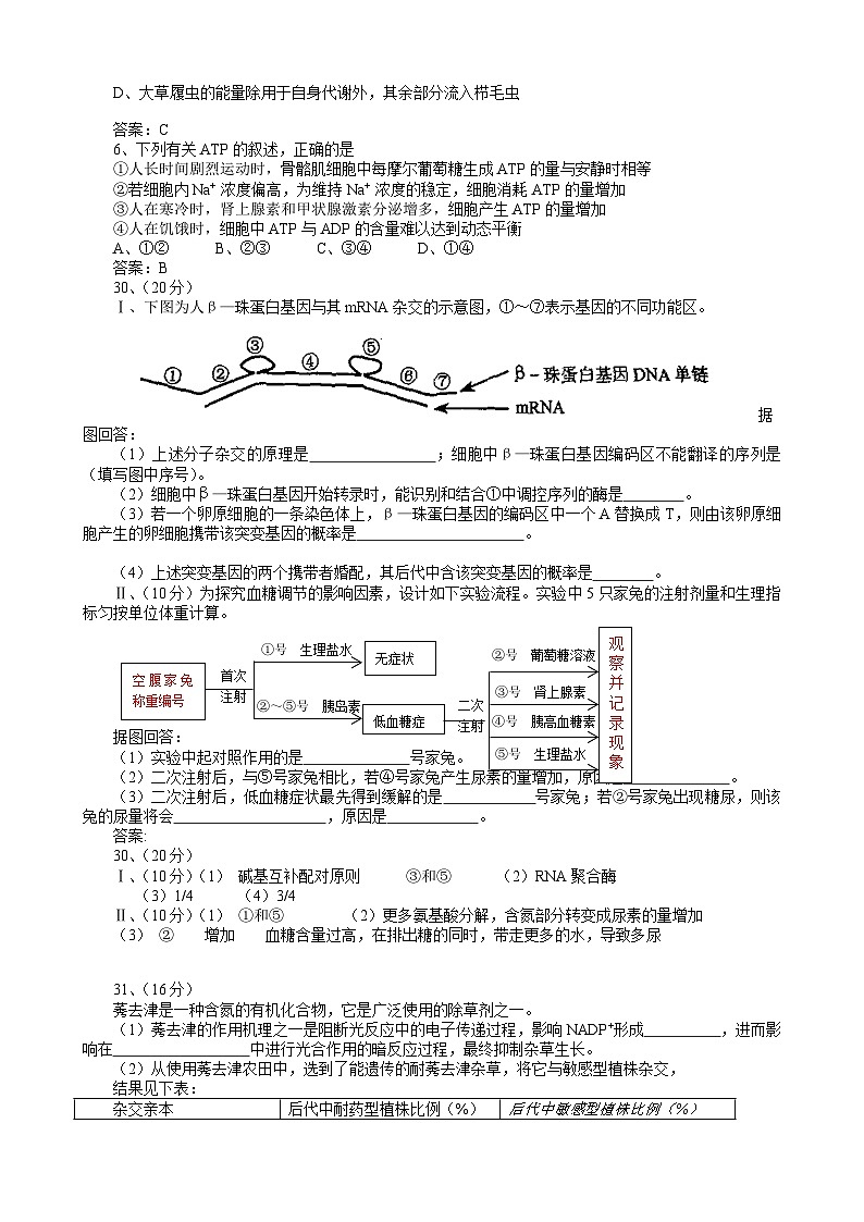 2008年天津高考生物试题及答案第2页