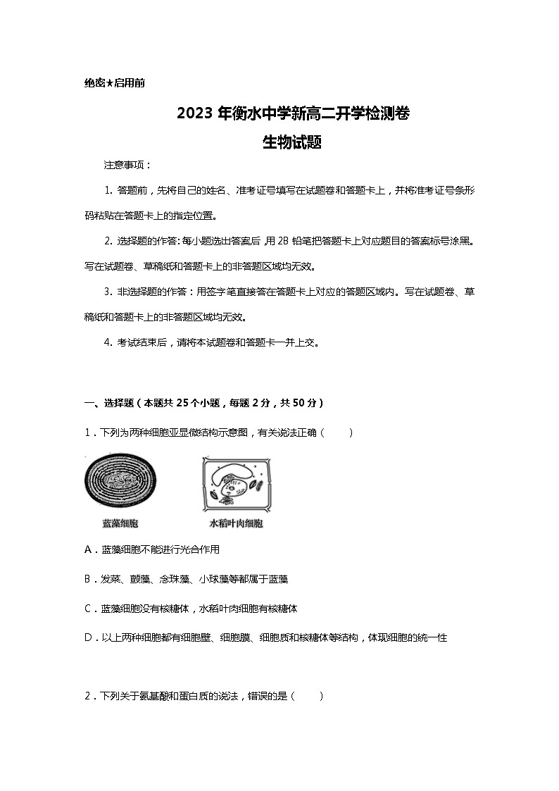 2023年衡水中学新高二开学检测卷生物试题 0101