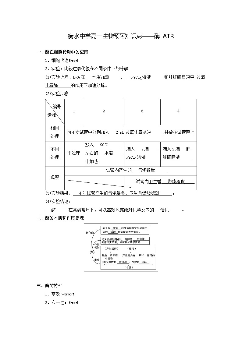 07 衡水中学高一生物预习知识点——酶 ATR01