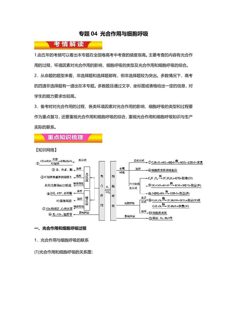 专题04 高中生物二轮专题知识点 光合作用与细胞呼吸第1页