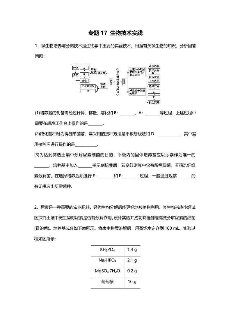 专题17 高考二轮专题押题卷 生物技术实践第1页