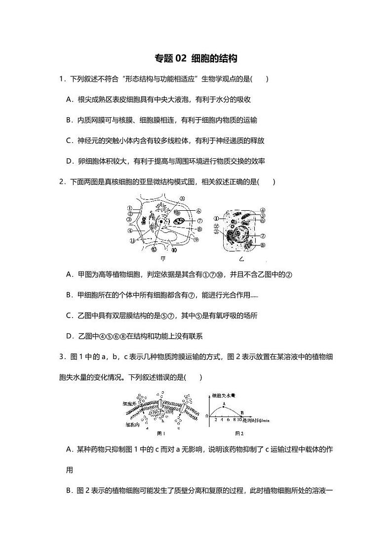 专题02 高考二轮专题押题卷 细胞的结构第1页
