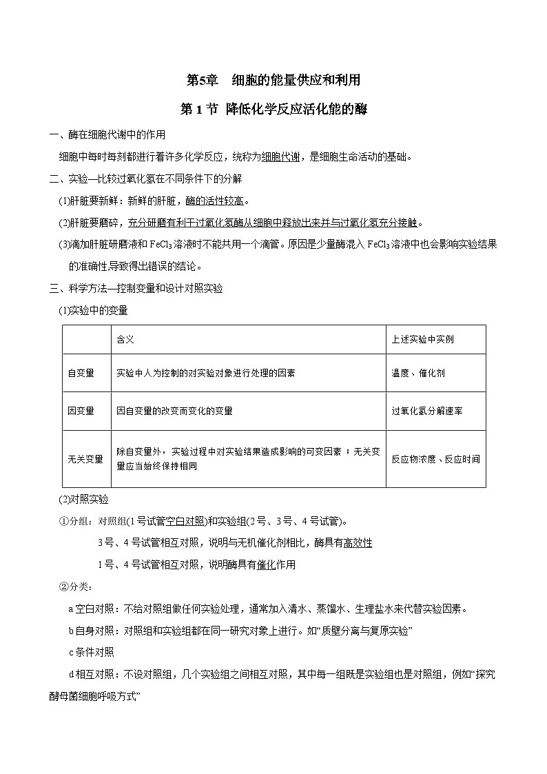 第5章 细胞的能量供应和利用——【期末复习】高一生物单元必背知识点梳理（人教版2019必修1）01