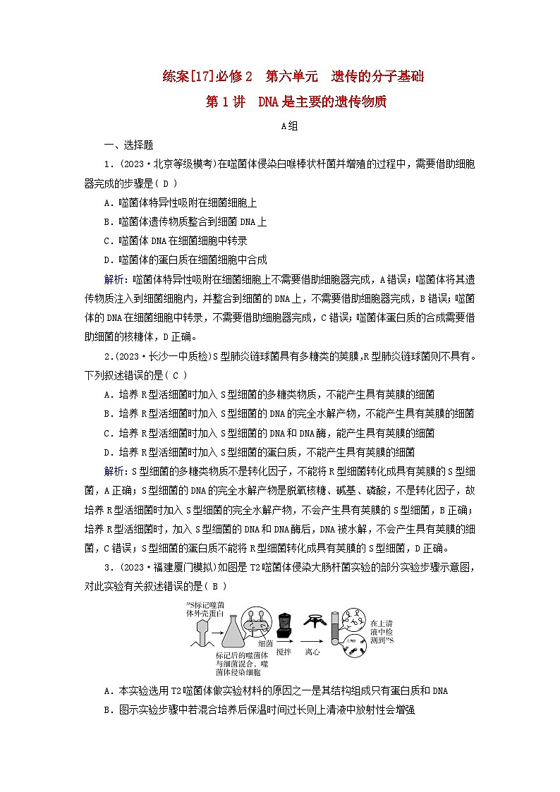 新高考适用2024版高考生物一轮总复习练案17必修2遗传与进化第六单元遗传的分子基础第1讲DNA是主要的遗传物质01