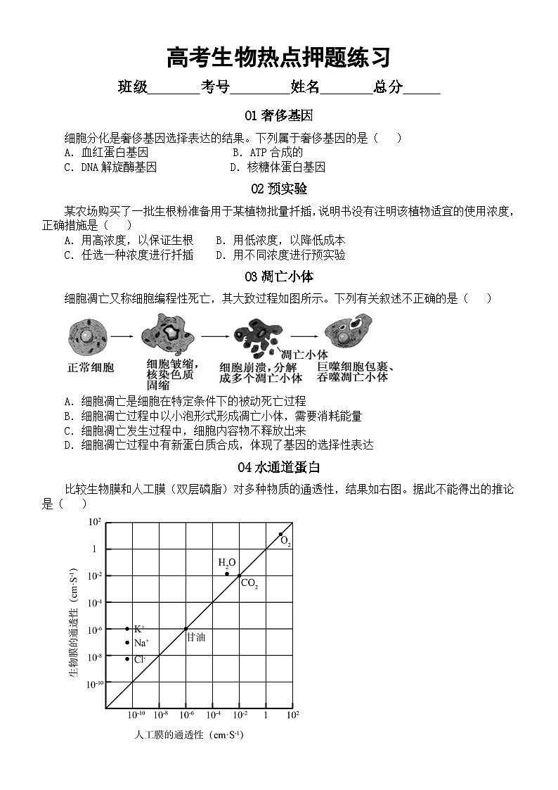 高中生物2023高考热点押题练习（共十个热点，附参考答案）第1页