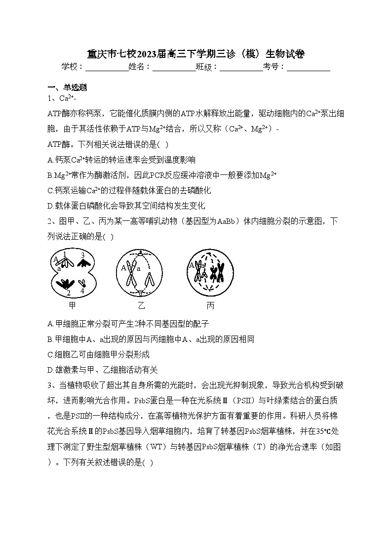 重庆市七校2023届高三下学期三诊（模）生物试卷(含答案)01