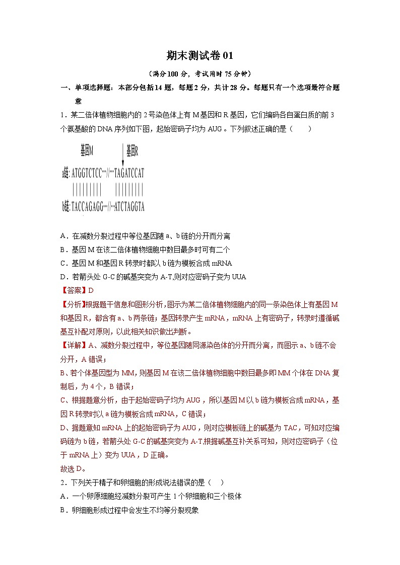 卷01——2022-2023年高一生物下学期期末模拟测试卷（江苏专用）01